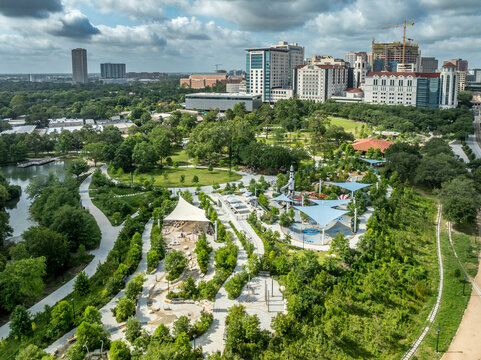 Aerial view of Hermann park in Houston with Japanese Garden, zoo, Space Adventure playground