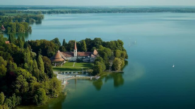 Aerial view of Seeon Abbey on a peninsula in Lake Seeon in Bavaria
