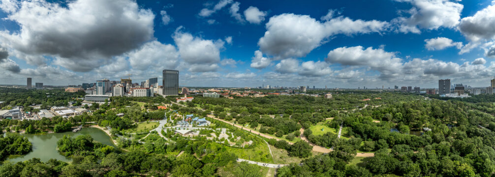 Aerial view of Hermann park in Houston with Japanese Garden, zoo, Space Adventure playground