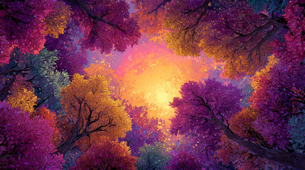 Colorful forest canopy view with vibrant purple, orange, and pink foliage surrounding a glowing sunlit sky.