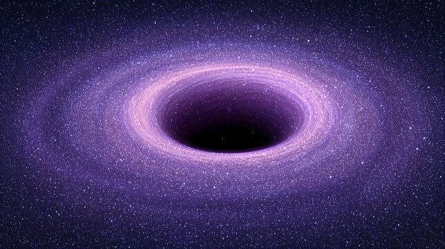 A mysterious black hole surrounded by a glowing purple galaxy and countless stars in deep space.
