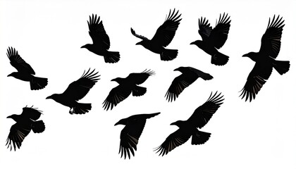 Birds flying black ravens isolated on white background Corvus corax. Halloween 