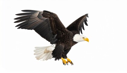 Obraz premium Flying bald eagle isolated on white background.