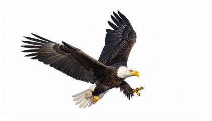 Fototapeta premium Flying bald eagle isolated on white background.