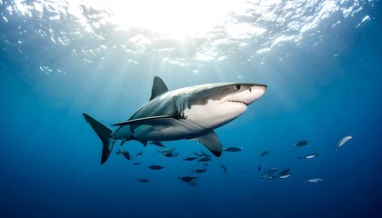 Obraz premium Majestic Great White Shark Swimming Among Ocean Fish in Clear Waters