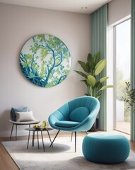 Modern living room, teal accents, circular art