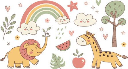 Hand drawn Baby design for textile, posters, cards. Cute Baby animals pattern. Fabric baby design. Vector illustration with cute animals. Nursery baby pattern illustration of a variety Animels.