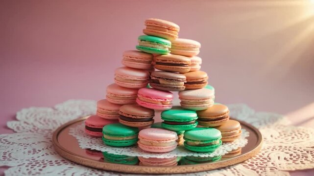 A colorful pyramid stack of macarons in shades of pink, green, and brown arranged elegantly on a reflective gold plate, surrounded by a delicate lace doily, with soft lighting.