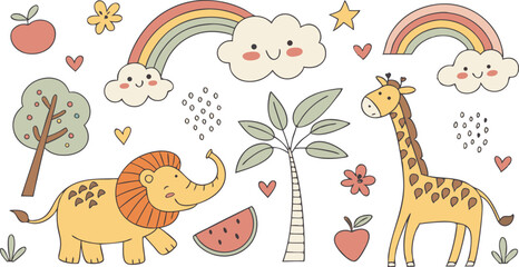 Obraz premium Hand drawn Baby design for textile, posters, cards. Cute Baby animals pattern. Fabric baby design. Vector illustration with cute animals. Nursery baby pattern illustration of a variety Animels.