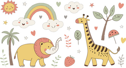 Hand drawn Baby design for textile, posters, cards. Cute Baby animals pattern. Fabric baby design. Vector illustration with cute animals. Nursery baby pattern illustration of a variety Animels.