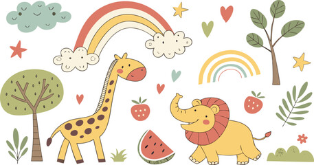 Naklejka premium Hand drawn Baby design for textile, posters, cards. Cute Baby animals pattern. Fabric baby design. Vector illustration with cute animals. Nursery baby pattern illustration of a variety Animels.