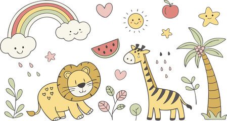 Naklejka premium Hand drawn Baby design for textile, posters, cards. Cute Baby animals pattern. Fabric baby design. Vector illustration with cute animals. Nursery baby pattern illustration of a variety Animels.