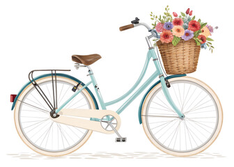 Watercolor illustration of a vintage bicycle with flowers in a wicker basket on a black background