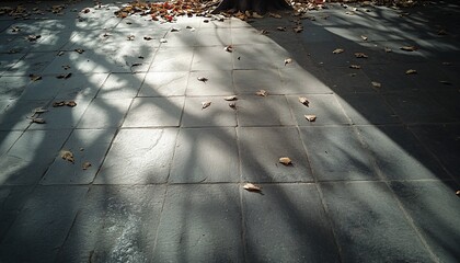 Autumnal tile path with tree shadows and fallen leaves in a park ambience