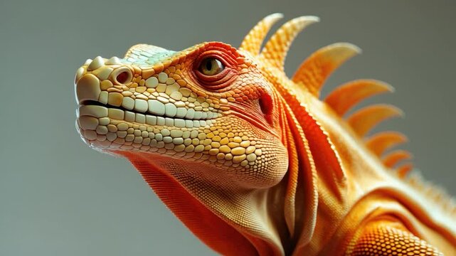 Detailed close-up of a vividly colored iguana with a textured skin featuring shades of orange and green, showcasing intricate scales and striking facial features against a neutral background.