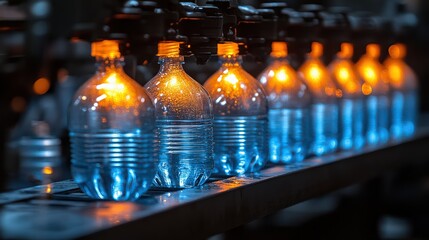 Water bottle production line showcasing bright illuminated packaging and sleek design features