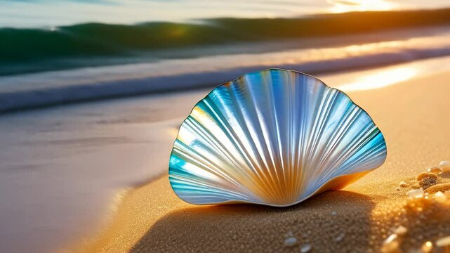 A close-up of a colorful seashell on a sandy beach. The shell has blue and orange hues, with gentle waves in the background and a warm sunset glow. Summer mood, rest, vacation, relaxation, seclusion.