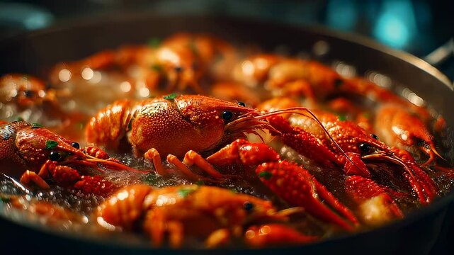 Delicious crawfish boiling in a pot with herbs and spices close up view