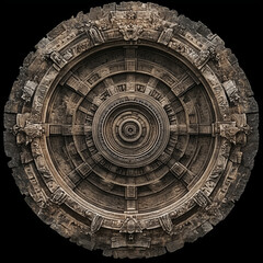 Naklejka premium Ancient stone mandala with intricate motifs on a black background 