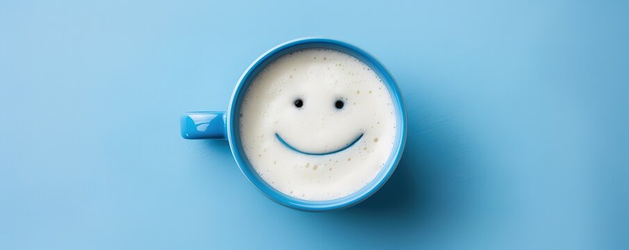 A blue mug with a smiley face made of foam on top of the coffee. This is a cute and cheerful image that would be perfect for a coffee shop or cafe.