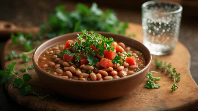 Bowl of savory bean stew garnished with fresh cilantro and diced tomatoes, served on a rustic wooden board alongside a crystal glass of water and scattered fresh herbs.