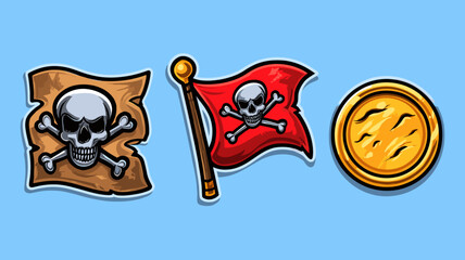 Pirate icons featuring skull flags and treasure coin against a blue background