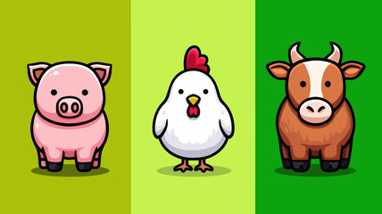 Colorful cartoon farm animals including a pig, chicken, and cow on vibrant backgrounds in playful style