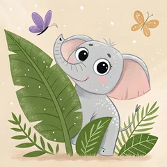 Cute Baby Elephant with Butterflies and Tropical Leaves Illustration