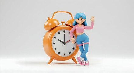 Cartoon girl with orange alarm clock time management concept