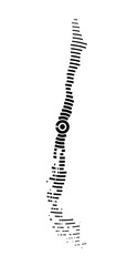 Abstract map of Chile showing the country with concentric black tapering lines