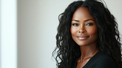 Fototapeta premium Portrait of a beautiful cheerful African American woman with long hair, model-like appearance, 30 years old, light background, copy space