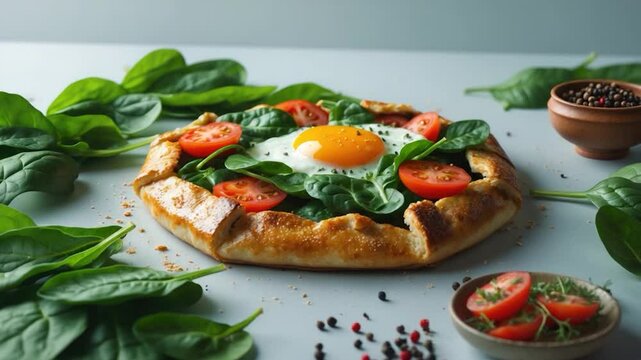 A delicious galette featuring a golden crust topped with fresh spinach, sliced tomatoes, and a perfectly cooked sunny-side-up egg, surrounded by green leaves and spices.