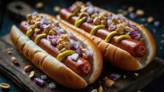 Juicy hot dogs topped with mustard, diced onions, and crushed peanuts, served in soft buns on a rustic wooden board, accompanied by scattered peanuts for added texture and flavor.