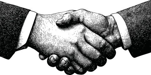 Vintage illustration of a handshake in black and white, symbolizing agreement. Vector illustration