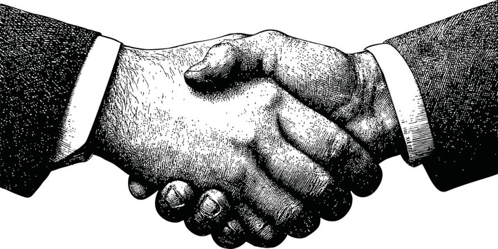 Vintage illustration of a handshake in black and white, symbolizing agreement. Vector illustration