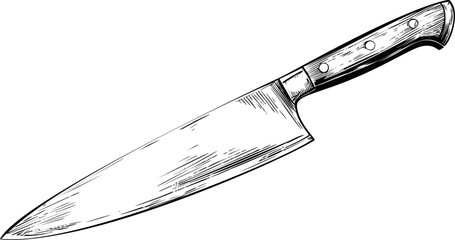 Hand-drawn illustration of a kitchen chef knife with wooden handle. Vector illustration
