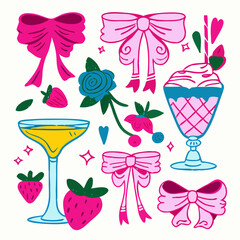 Cute Pink & Blue Bow Clipart: Drinks, Strawberries & Flowers