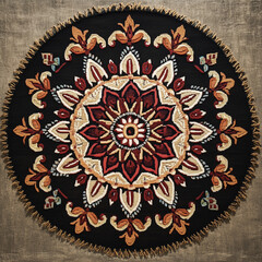 Woven tapestry mandala with tribal patterns on black background  