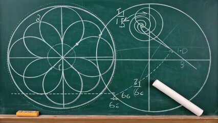 Mathematical chalkboard with hand-drawn geometric spirals and vectors on dusty green surface