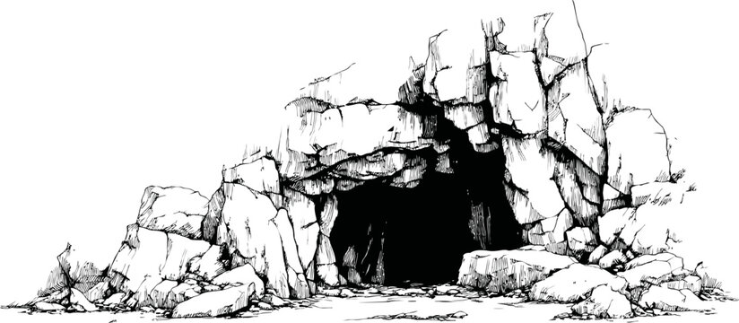 Sketch of a rocky cave entrance with jagged boulders and detailed shadows. Vector illustration