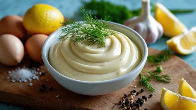 Creamy homemade mayonnaise topped with fresh dill, surrounded by eggs, garlic, lemon wedges, and coarse sea salt on a wooden cutting board, creating a vibrant, appetizing arrangement.