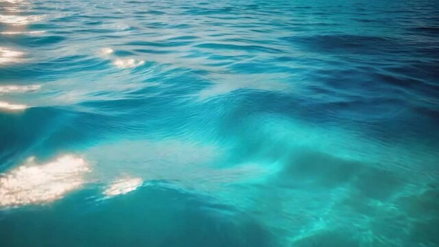 Crystal-clear turquoise ocean waves shimmering under sunlight, showcasing gentle ripples and reflections, creating a tranquil and inviting seascape ideal for relaxation or beach imagery.