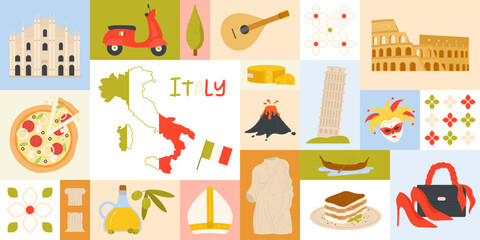 Travel to Italy, geometric color collage design. Cute Italian ancient temple sights and history heritage, Mediterranean food, map and flag, traditional pattern in square cartoon vector illustration