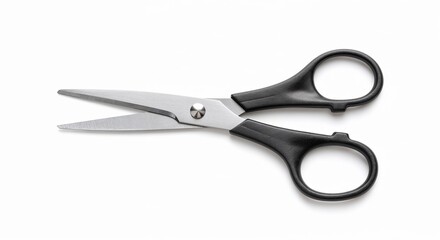 Stainless steel scissors with black plastic handles on white background  