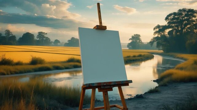 Empty canvas on an easel beside a tranquil river, surrounded by lush golden fields under a dramatic sky illuminated by soft evening light, inviting artistic inspiration.