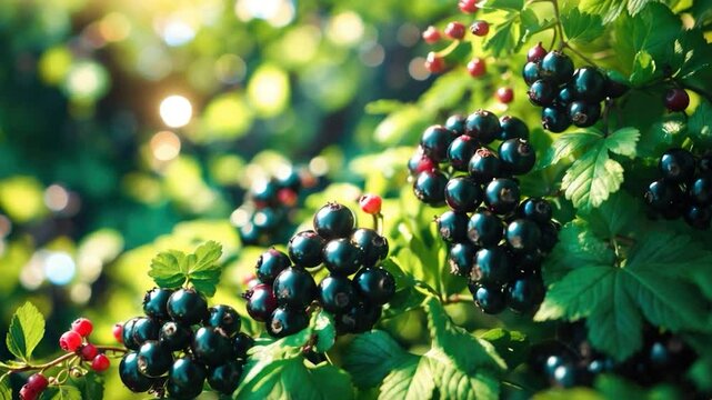 Lush green foliage adorned with clusters of glossy black currants and bright red berries, capturing the essence of a vibrant summer garden in soft, dappled sunlight.