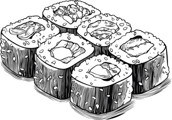 Black and white illustration of assorted sushi rolls, artistic food sketch. Vector illustration