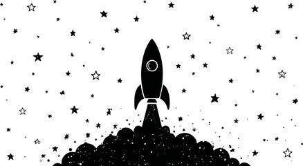 Rocket ship launching amidst stars in a black and white cartoon style illustration. Vector illustration