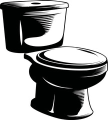 Black and white illustration of a classic toilet with detailed shading. Vector illustration