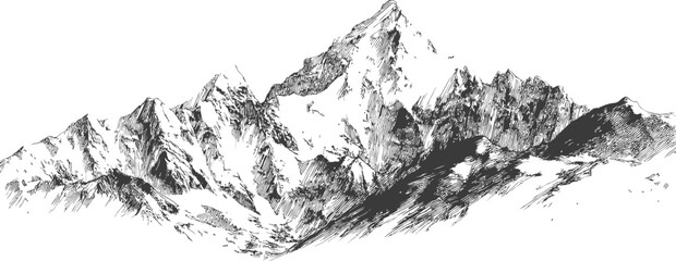 Hand-drawn black and white mountain range sketch in detailed artistic style. Vector illustration